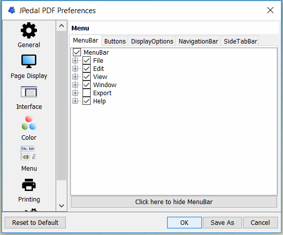 Image of the preferences window displayiny the Menu view